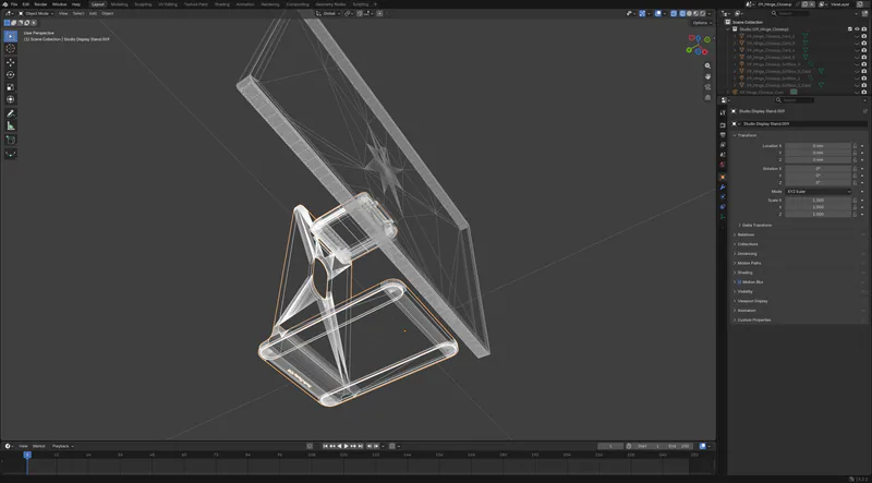 An x-ray view of the Studio Display XDR hinge being modelled in Blender